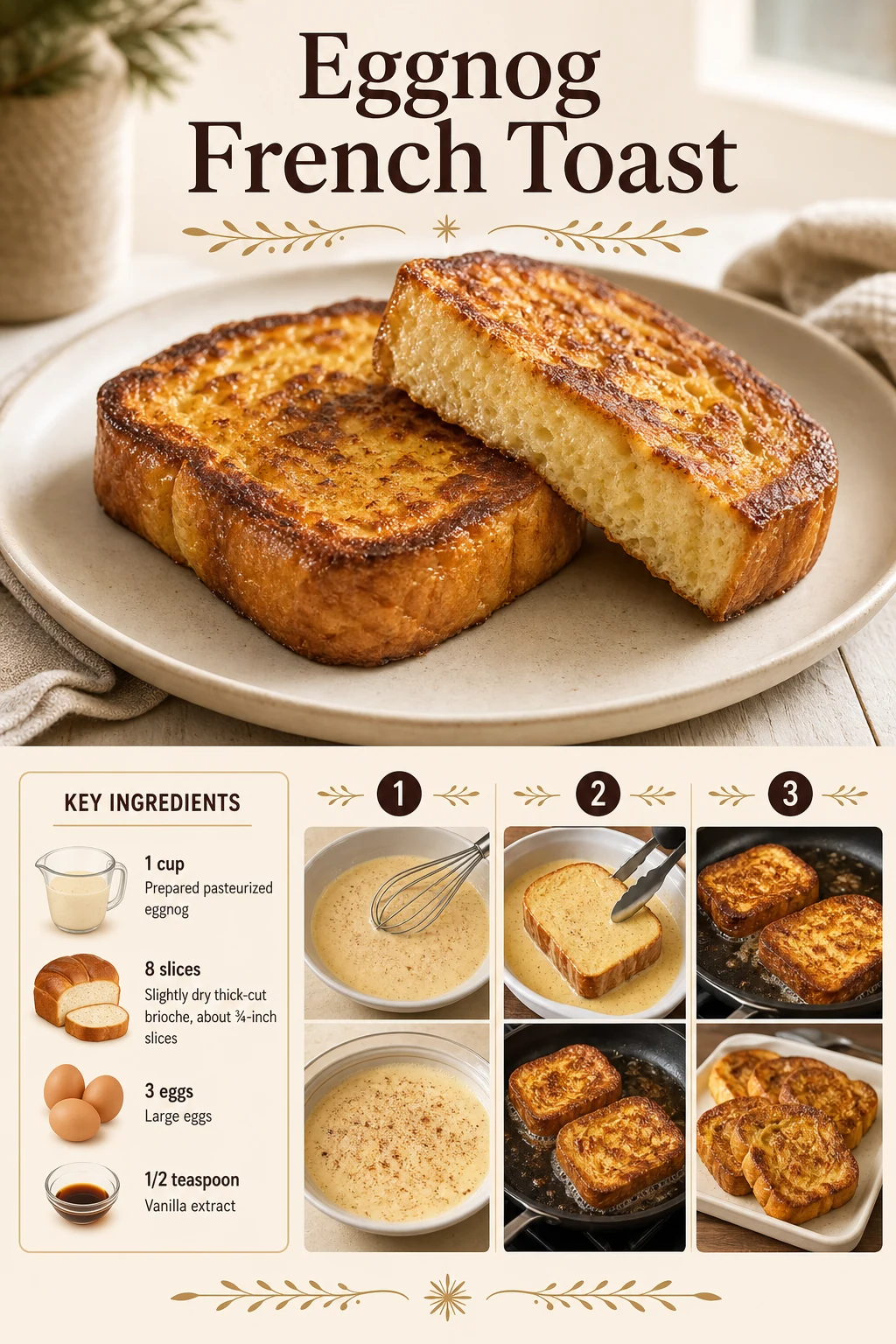 Portrait graphic of golden eggnog French toast slices with exact breakfast title