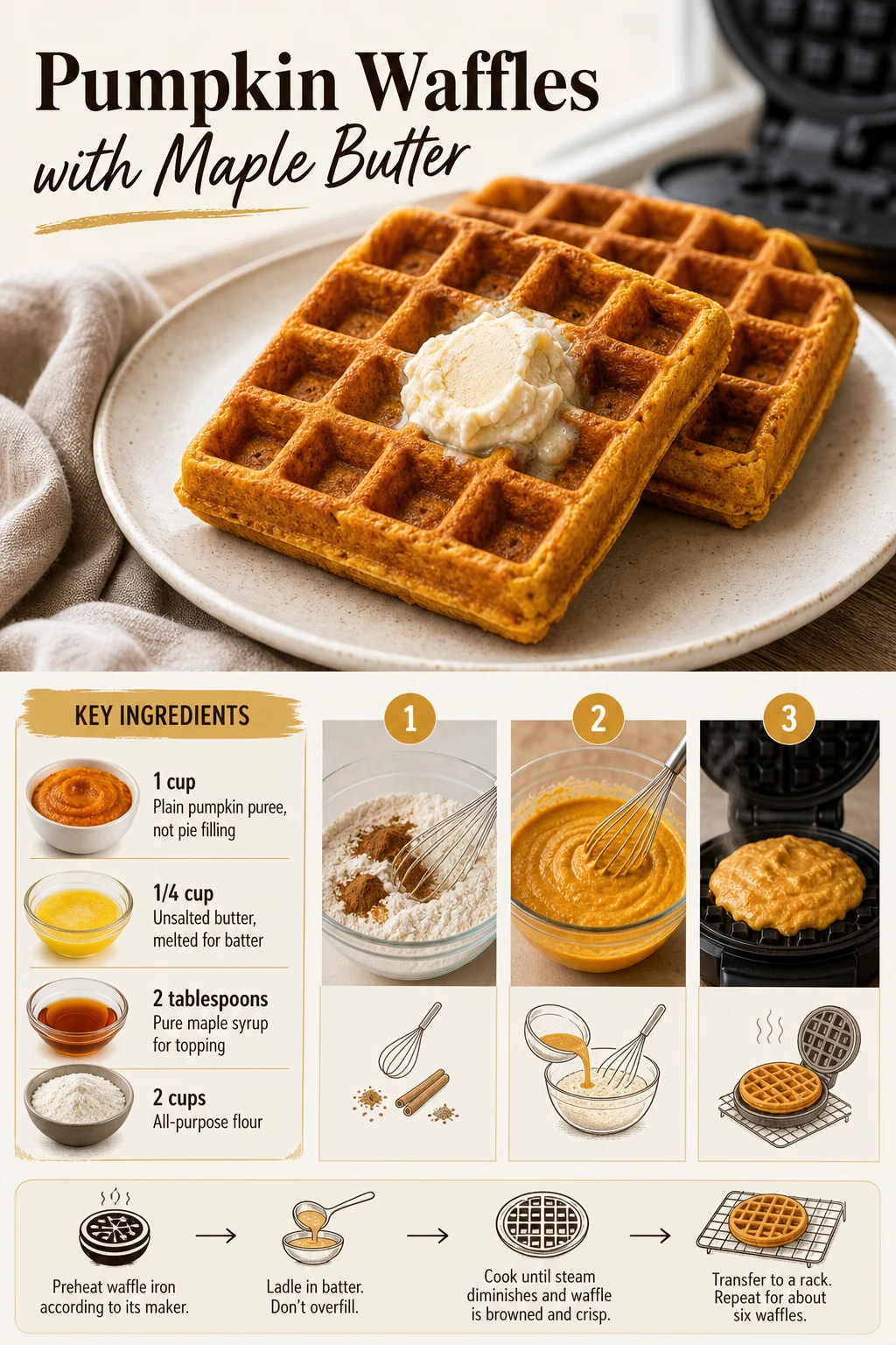 Portrait pumpkin waffles and maple butter with exact title