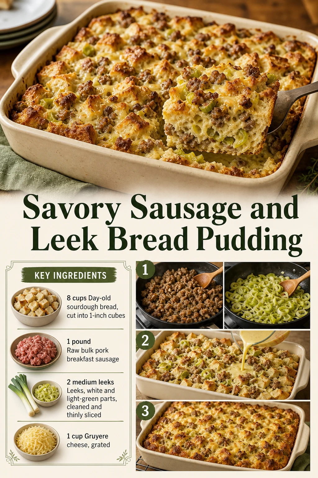 Portrait brunch bake showing sausage and leeks with exact recipe title
