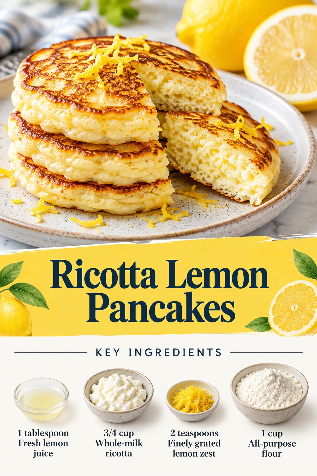 Ricotta lemon pancakes Pin showing a cut pancake stack, title and selected lemon, ricotta and flour quantities.