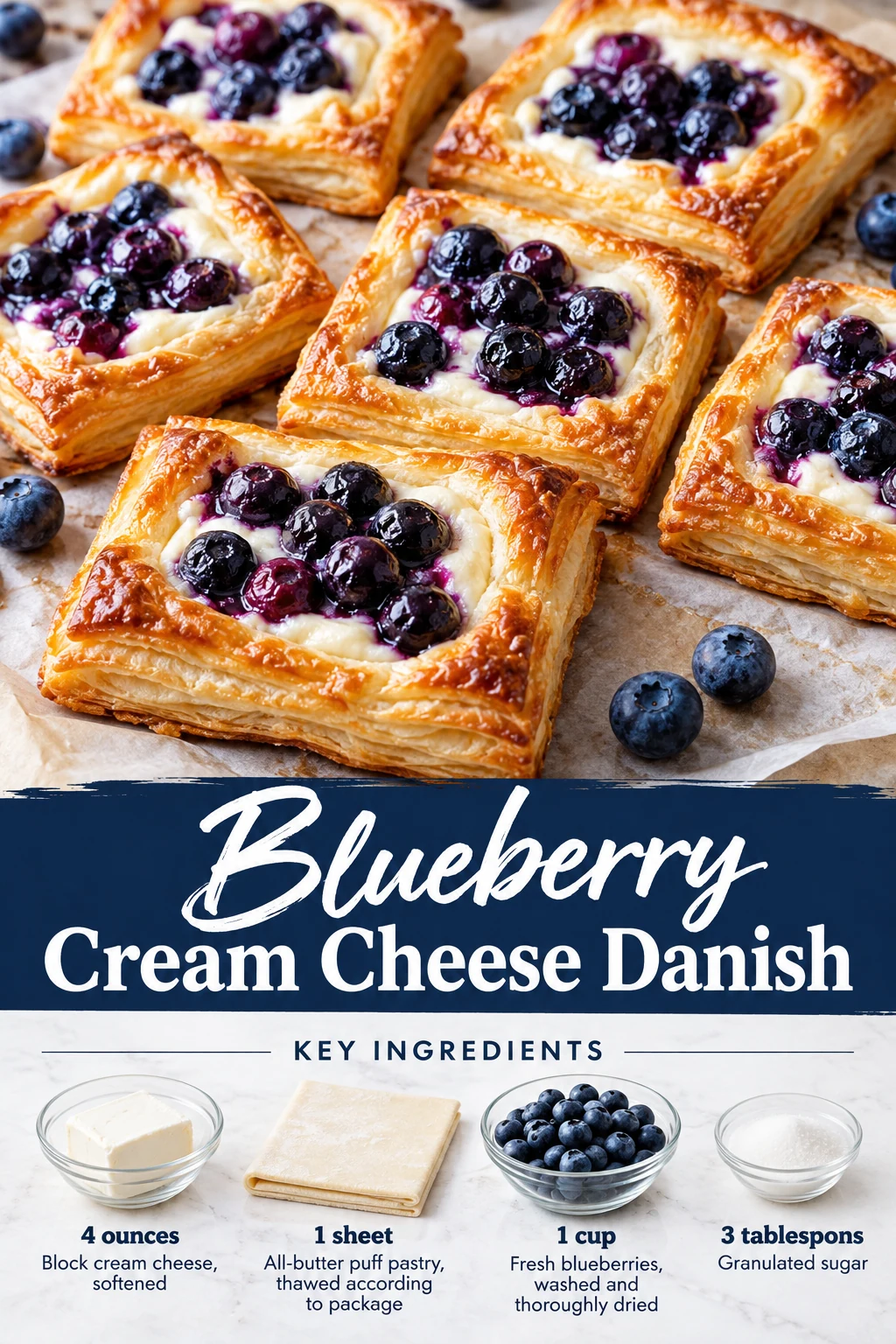 Blueberry cream cheese Danish Pin with pastry close-up, title and selected ingredient quantities.