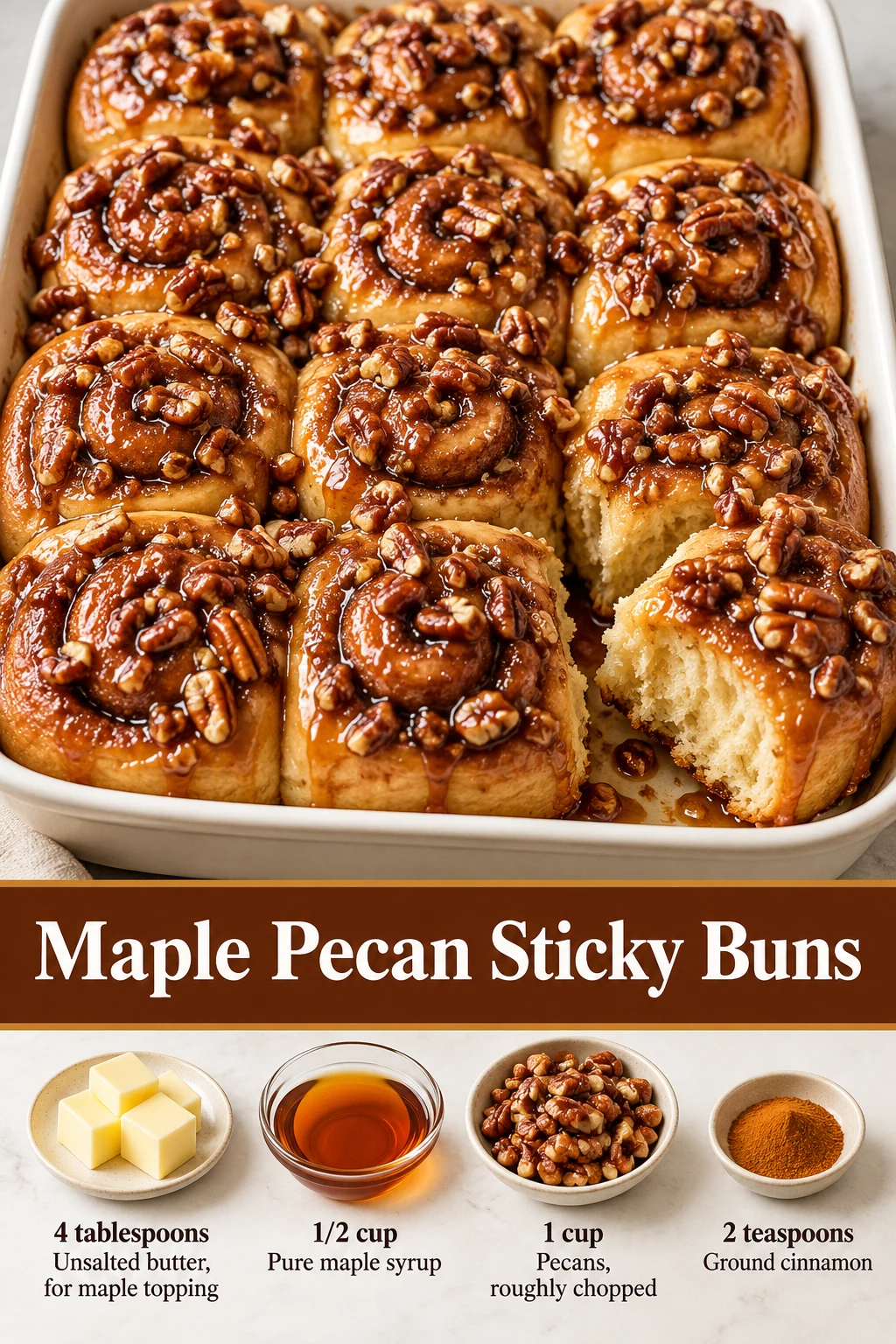 Maple pecan sticky buns Pin with glossy buns, title and selected topping ingredients.