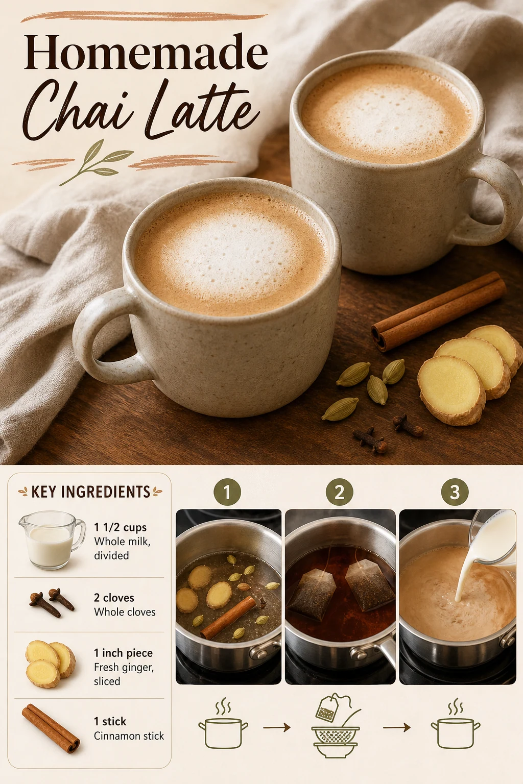 Portrait chai latte mug with cinnamon, cardamom and title