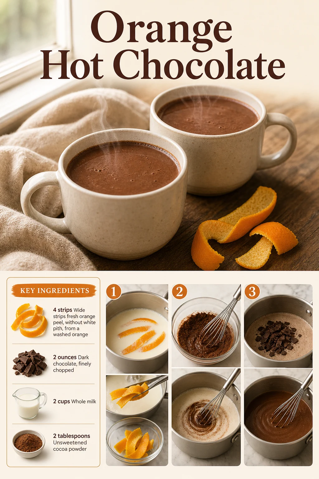 Portrait dark hot chocolate mugs and orange peel with exact drink title