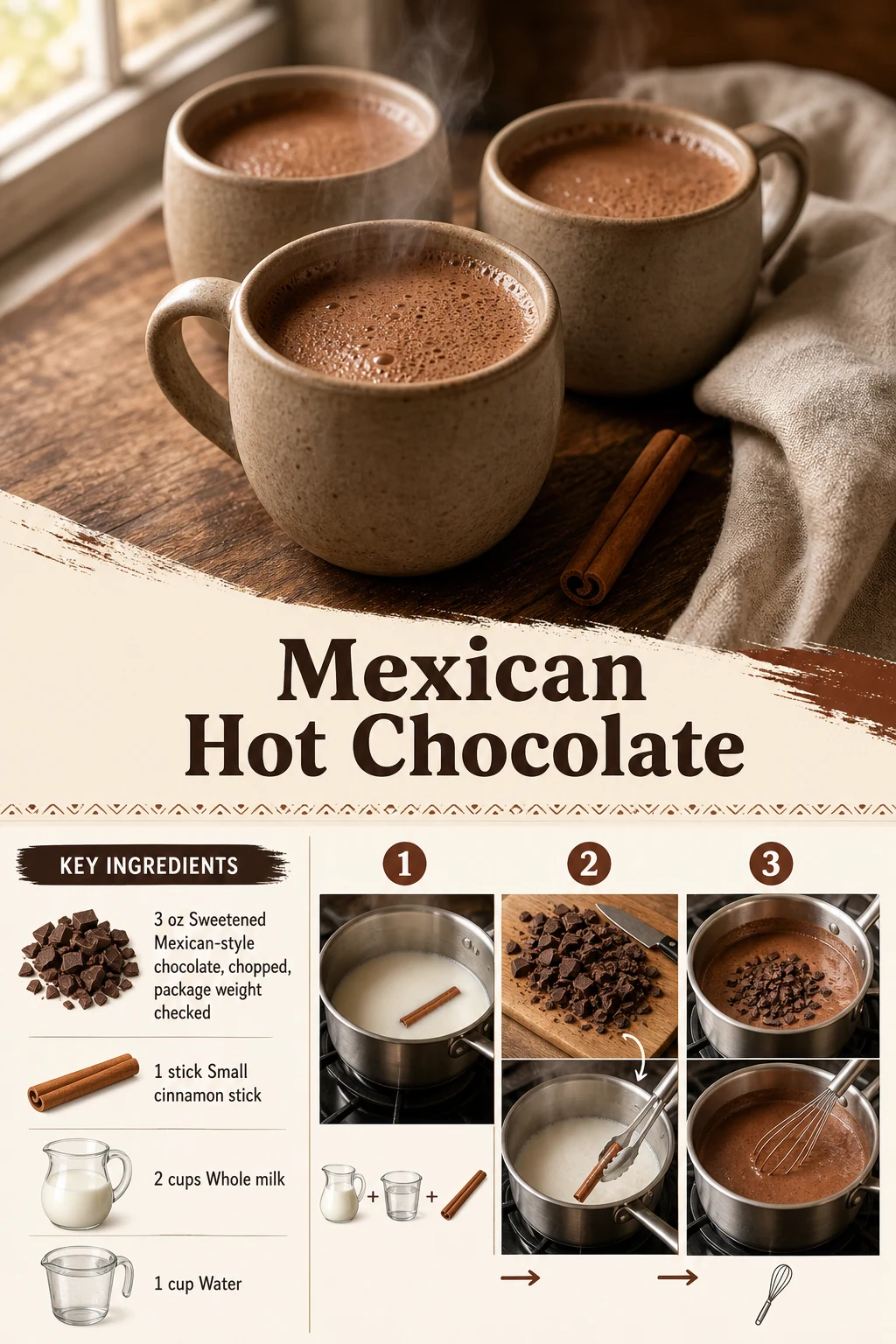 Portrait graphic of three small mugs of Mexican-style hot chocolate