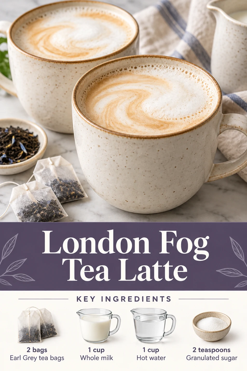 London Fog tea latte Pin with foamy mugs, title and selected tea, milk and sugar quantities.