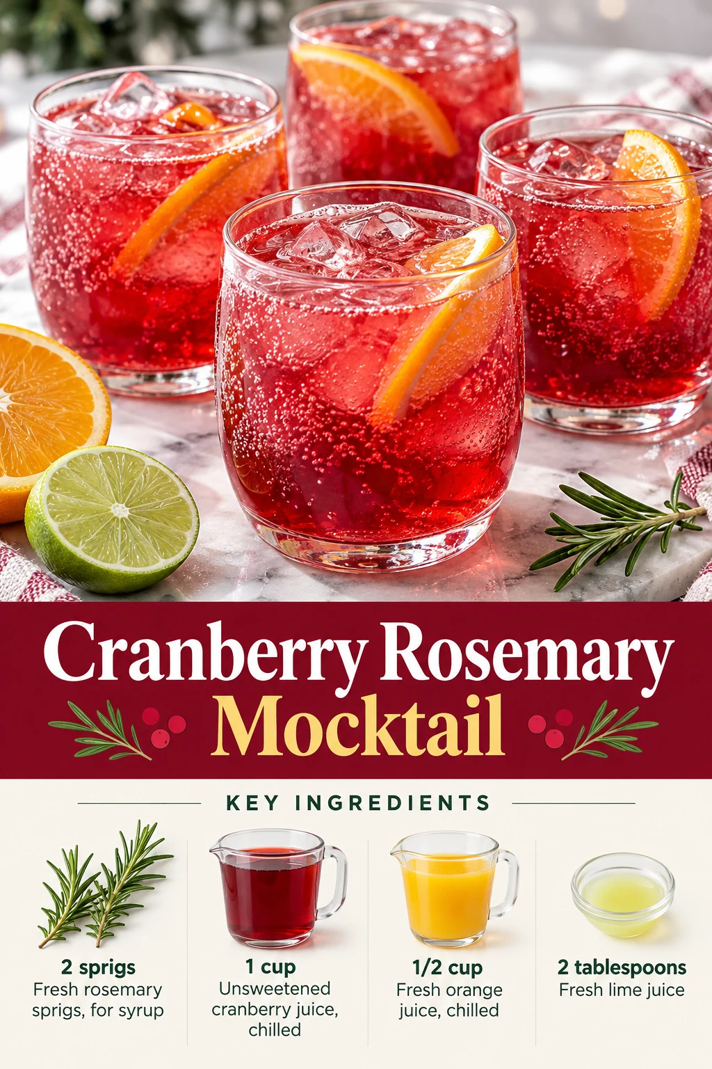 Cranberry rosemary mocktail Pin with iced red drinks, citrus, rosemary and selected ingredient quantities.